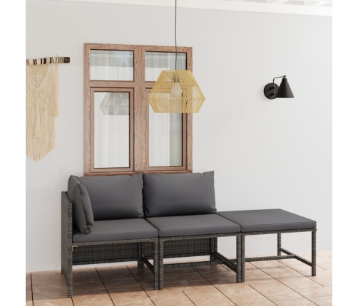 Set de muebles de jardín 3 pzas y cojines ratán sintético gris
