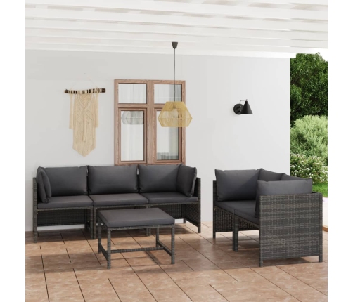 Set de muebles de jardín 6 pzas y cojines ratán sintético gris