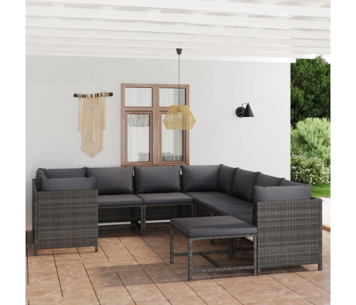 Set de muebles de jardín 9 pzas y cojines ratán sintético gris
