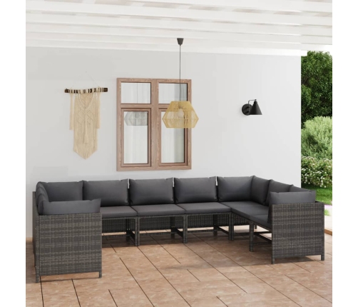 Set de muebles de jardín 9 pzas y cojines ratán sintético gris