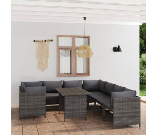 Set de muebles de jardín 9 pzas y cojines ratán sintético gris