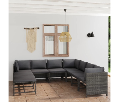 Set de muebles de jardín 9 pzas y cojines ratán sintético gris