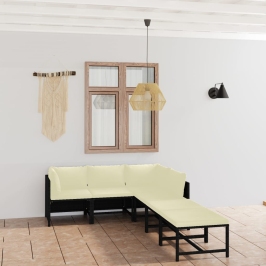 Set de muebles de jardín 6 pzas y cojines ratán sintético negro