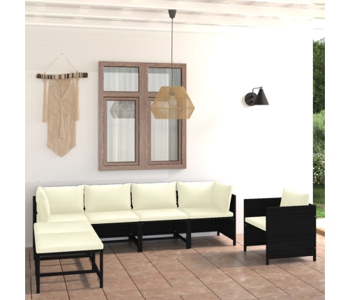 Set de muebles de jardín 7 pzas y cojines ratán sintético negro