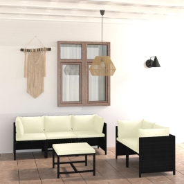 Set de muebles de jardín 6 pzas y cojines ratán sintético negro