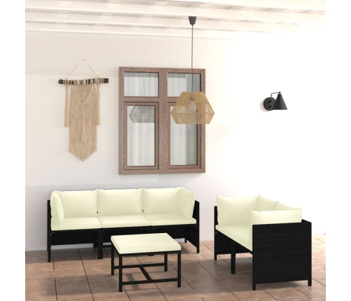 Set de muebles de jardín 6 pzas y cojines ratán sintético negro
