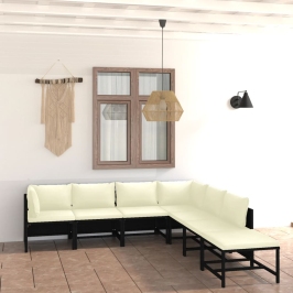 Set de muebles de jardín 7 pzas y cojines ratán sintético negro
