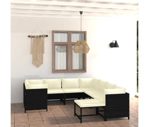 Set de muebles de jardín 9 pzas y cojines ratán sintético negro