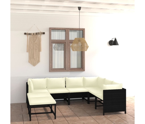 Set de muebles de jardín 8 pzas y cojines ratán sintético negro