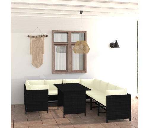 Set de muebles de jardín 9 pzas y cojines ratán sintético negro