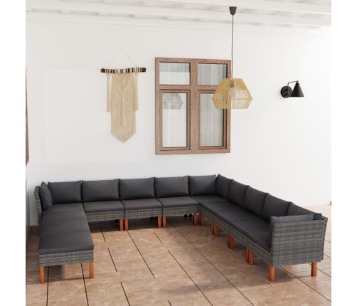 Set de muebles de jardín 12 pzas y cojines ratán sintético gris