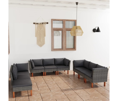 Set de muebles de jardín 9 pzas y cojines ratán sintético gris