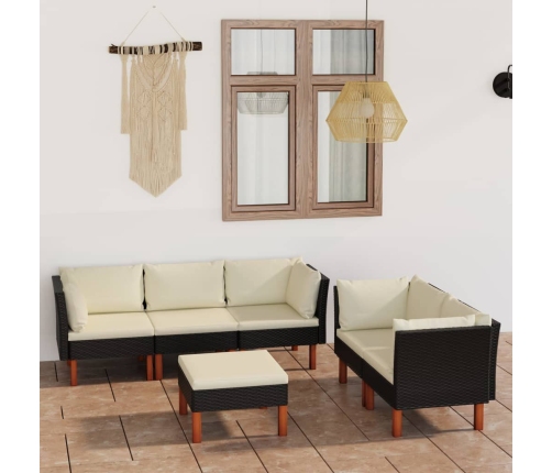 Set de muebles de jardín 6 pzas y cojines ratán sintético negro