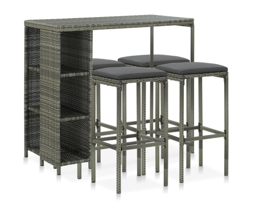 Set de bar para jardín 5 piezas y cojines ratán sintético gris