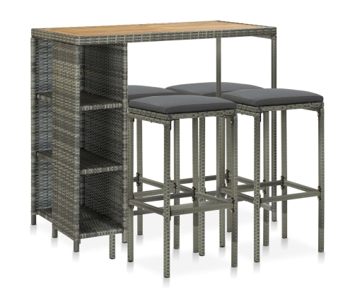 Set de bar para jardín 5 piezas y cojines ratán sintético gris