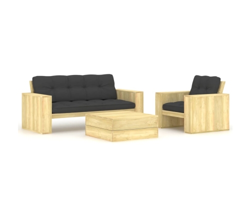 Set muebles de jardín y cojines 3 pzas madera pino impregnada