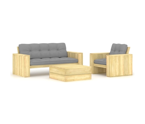 Set muebles de jardín y cojines 3 pzas madera pino impregnada