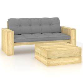 Set de muebles de jardín y cojines 2 pzas madera pino impregnada