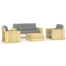 Set muebles de jardín y cojines 4 pzas madera pino impregnada