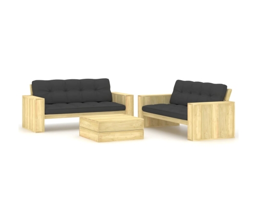 Set de sofás jardín 3 piezas con cojines madera pino impregnada