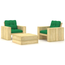 Set muebles de jardín y cojines 3 pzas madera pino impregnada