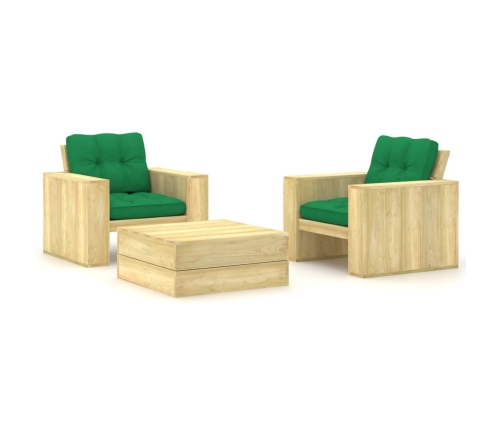 Set muebles de jardín y cojines 3 pzas madera pino impregnada