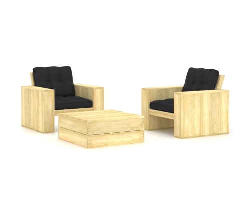 Set muebles de jardín y cojines 3 pzas madera pino impregnada