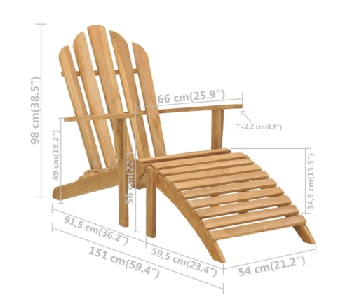 vidaXL Silla Adirondack con reposapiés de madera maciza de teca