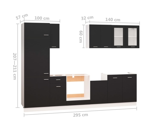 Juego de muebles de cocina 8 piezas madera de ingeniería negro