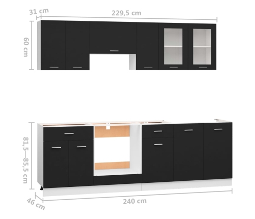 Juego de muebles de cocina 8 piezas madera de ingeniería negro