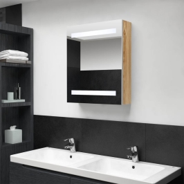 Armario de baño con espejo LED blanco y roble 50x14x60 cm