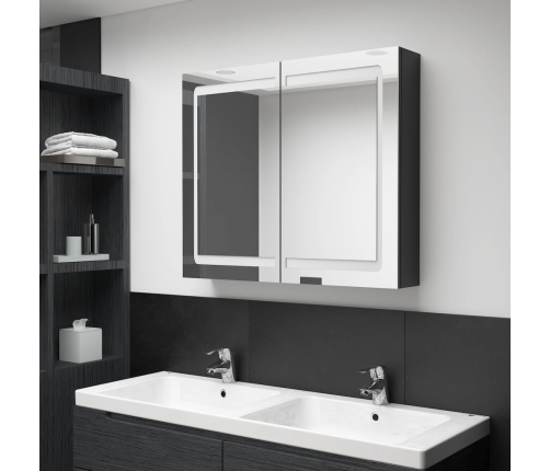 Armario de baño con espejo LED negro brillante 80x12x68 cm