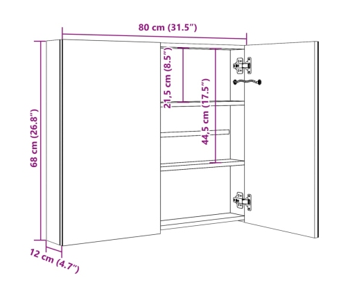 Armario de baño con espejo LED gris brillante 80x12x68 cm