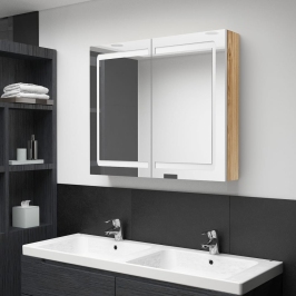 Armario de baño con espejo LED blanco y roble 80x12x68 cm