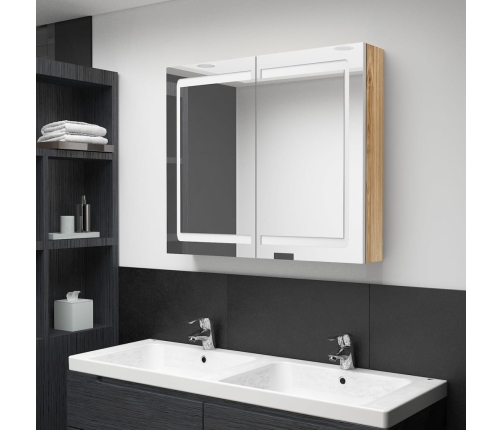 Armario de baño con espejo LED blanco y roble 80x12x68 cm