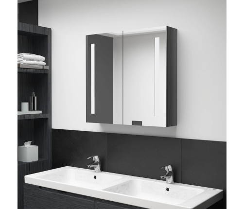 Armario de baño con espejo LED gris brillante 62x14x60 cm