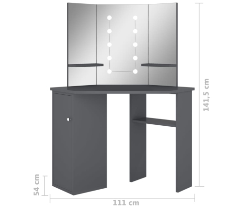 Tocador de esquina con LED gris 111x54x141,5 cm