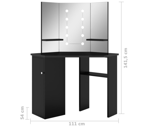 Tocador de esquina con LED negro 111x54x141,5 cm