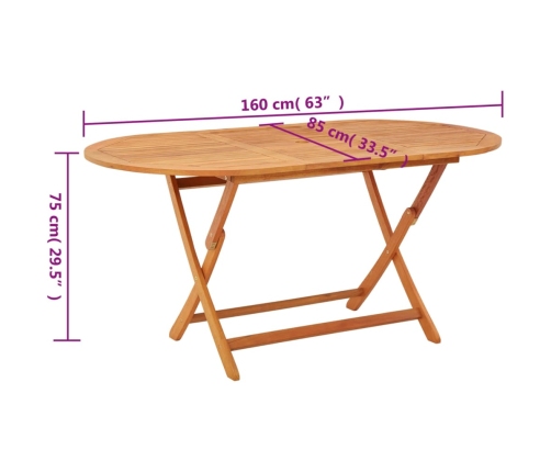 Mesa jardín plegable 160x85x75 cm madera maciza de eucalipto