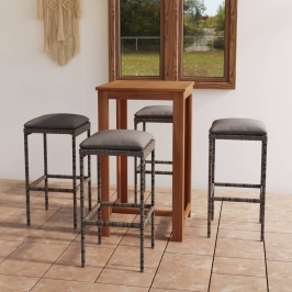 Set de bar para jardín 5 piezas y cojines ratán sintético gris
