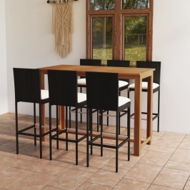 Conjunto de bar para jardín 7 piezas con cojines negro