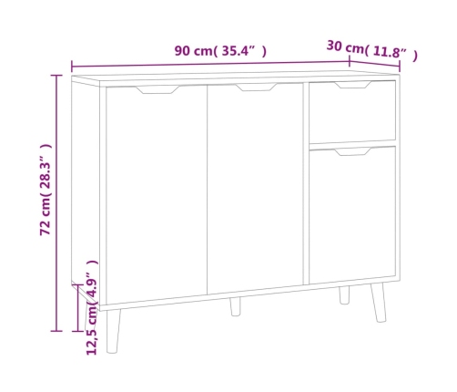 Aparador de madera contrachapada blanco 90x30x72 cm