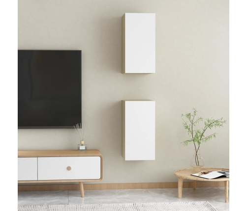 Mueble de TV 2 uds contrachapada blanco y roble 30,5x30x60 cm