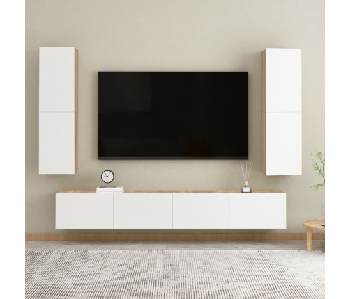 Mueble de TV madera contrachapada blanco y roble 30,5x30x110 cm