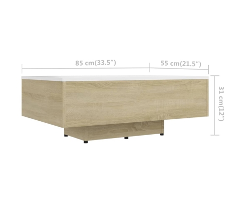 Mesa de centro madera contrachapada blanco y roble 85x55x31 cm