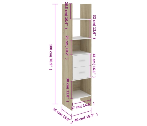 Estantería de madera contrachapada blanco y roble 40x35x180 cm