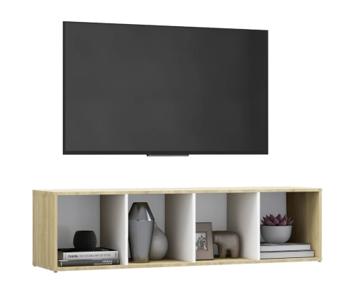 Mueble TV madera contrachapada blanco y roble 142,5x35x36,5 cm