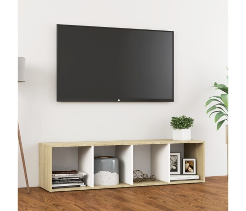 Mueble TV madera contrachapada blanco y roble 142,5x35x36,5 cm