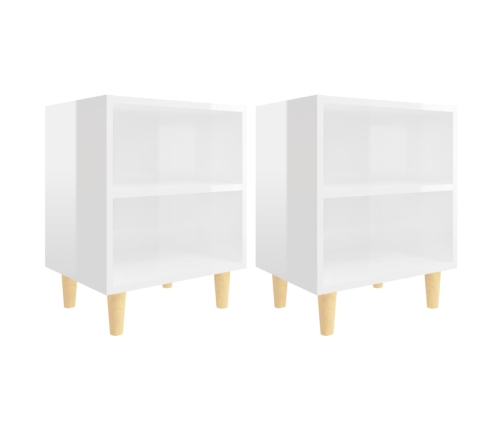 Mesitas de noche patas madera 2 uds blanco brillo 40x30x50 cm