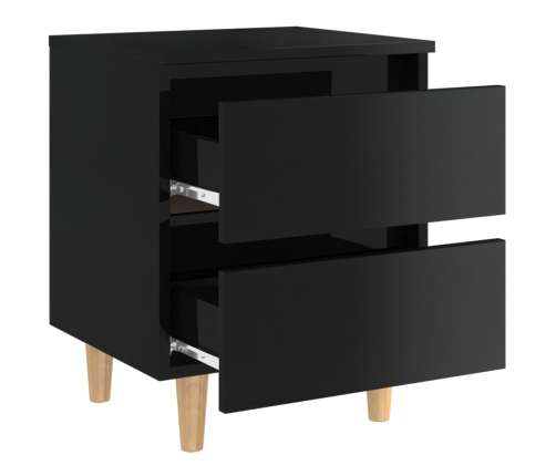 Mesita de noche patas de madera maciza negro brillo 40x35x50 cm